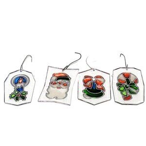 Vintage Painted Acrylic Christmas Ornaments Lot of 4 Santa Bell Candle Cane